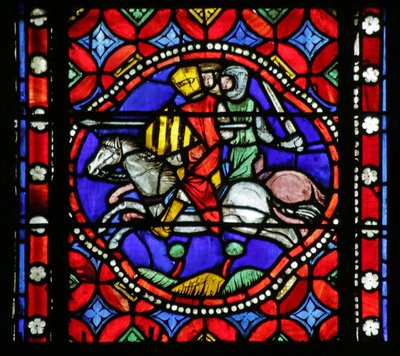 Raam met scène uit het leven van Sint Bonnet: Pavia belegerd door de baronnen door French School